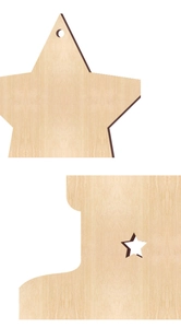 Detailed macro shot of unfinished wooden Christmas tree ornaments in star and boot shapes