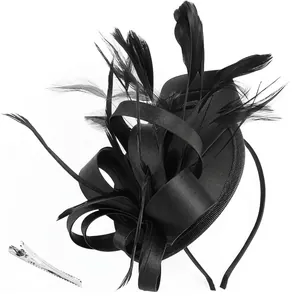 Elegant Fascinator Hat Headband For Women Satin Ribbon Feather Retro Wedding Party Cocktail Church Hair Accessories
