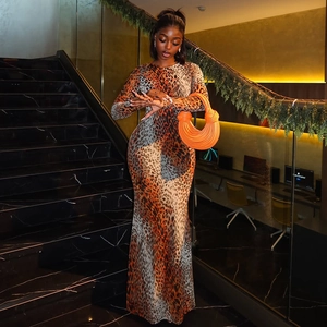 Maxi Dress Leopard Print Long Sleeve Slim Fit Bodycon Round Neck Polyester Spandex Sexy Streetwear Women
