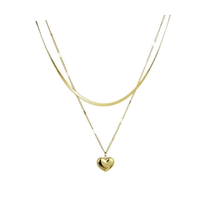 Double-layered gold necklace with flat snake chain and 3D heart pendant on white background