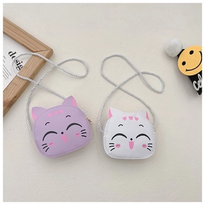 Detail of cute cat crossbody bags in purple and white with silver braided chain straps