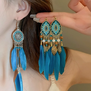 Bohemian feather tassel drop earrings with blue feathers and geometric bronze filigree