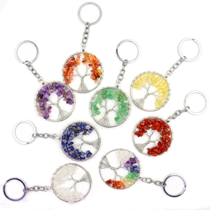 Natural crystal tree of life keychains in eight colors with wire-wrapped stone pendants