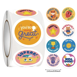 Close-up of 0.95-inch reward stickers for kids featuring colorful cartoon animals and encouraging text