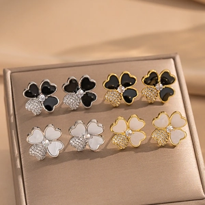 Elegant Four Leaf Clover Heart Shape Stud Earrings Copper With Zircon And Shell Inlay For Women Fashion Jewelry