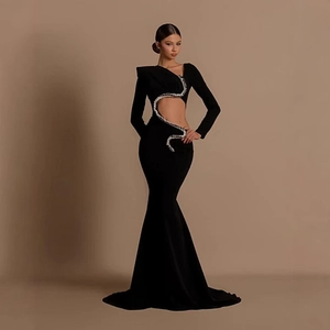 Black Velvet Long Sleeve Maxi Dress With Snake Rhinestone Cutout Waist Sexy Fishtail Evening Gown For Women