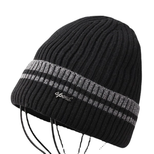 Men's winter ribbed knit beanie with sport metal tag and grey stripes on black wool