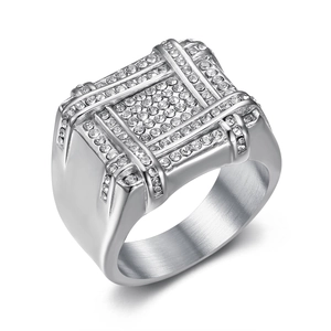 Men's hip hop square ring with sparkling micro-paved rhinestones in silver finish