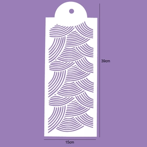 Cake stencil with purple wavy patterns showing detailed 39x15cm dimensions and hanging hole