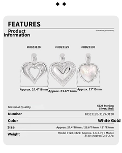 Detailed comparison of S925 sterling silver heart pendants with mother of pearl inlay