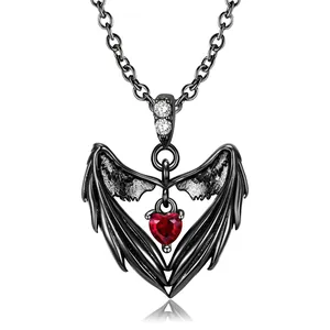 925 Sterling Silver Angel Wings Heart Pendant Necklace For Women Gun Black Plated Red Rhinestone Heart Wings Jewelry