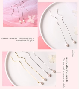 Detailed close-up of S925 silver wave ear threads with natural teardrop pearls in gold and silver