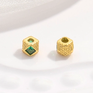 S925 silver hexagonal spacer beads with green gemstone inlay and textured metal finish