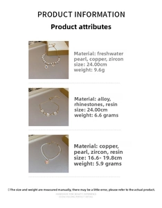 Detailed specs showing weight and dimensions for pearl and opal flower bracelets