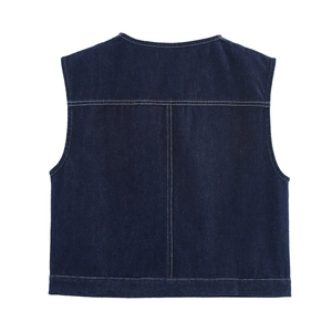 Dark blue denim vest for women with white stitching and sleeveless back view design