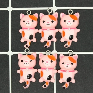 Set of six cute pink resin cat charms with colorful spots and metal loops for DIY jewelry