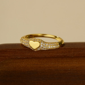 925 silver heart signet ring in gold finish with micro-pave white zircon crystals