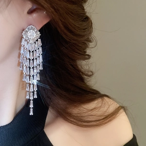Macro detail of long silver fringe earrings with shimmering zircon crystal chains