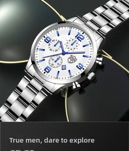 Detailed side view of men's quartz watch with silver steel band and blue textured dial