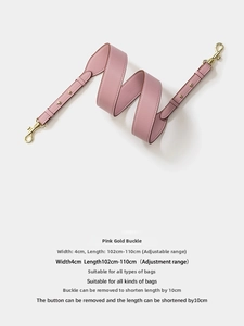 Adjustable pink leather bag strap with gold buckles, 102-110cm length and 4cm width