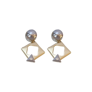 Geometric mixed-metal stud earrings with silver sphere, gold frame and rhinestone
