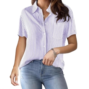 Women's casual purple and white striped short sleeve shirt with collar and chest pocket