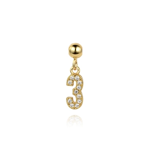 Detailed view of a gold S925 silver earring featuring a crystal-encrusted number 3 pendant
