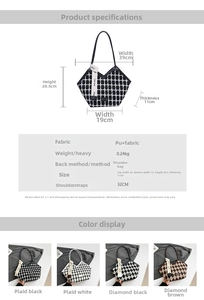 Detailed dimension chart and material specs for the plaid tote bag with silk scarf