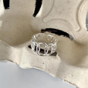 Minimalist 925 sterling silver geometric hollow oval ring with adjustable open band style