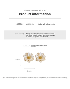 Detailed view of floral resin earrings in pearl white with gold accents and size specs