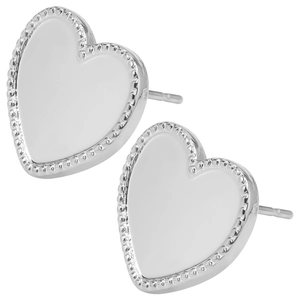 Detail of heart-shaped 304 stainless steel studs with milgrain texture and polished finish
