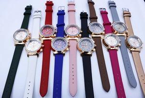 Flat lay display of 11 stylish women's leather strap quartz watches in diverse colors