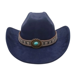 Detail of dark blue faux suede cowboy hat with ethnic embroidery and turquoise button