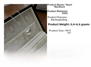 Detailed specs of S925 sterling silver heart necklace showing 49+5CM size and 6.6g weight