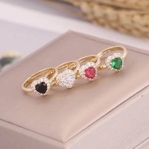 Elegant 18K gold heart-shaped zircon rings in black, white, red, and green colors