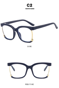Blue and gold square eyeglasses frame side and front view with metal accents