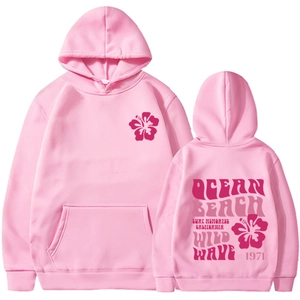 Pink hibiscus hoodie with Ocean Beach wild wave back print and front pocket