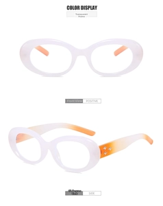 Detail of oval glasses with transparent white frame and star-shaped metal hinge accents