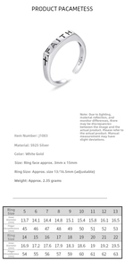Detailed size chart for S925 sterling silver FAITH ring with adjustable band specifications