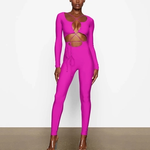 Combinaison Sexy Manches Longues Découpe Lacée Dos Nu Moulante Pour Femmes Polyester Streetwear Amincissante