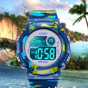 Blue camouflage digital sports watch for kids with waterproof multifunction display feature