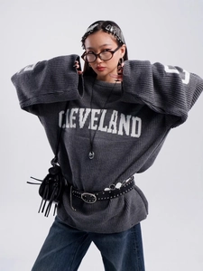 Women Pullover Sweater Letter Jacquard Oversized Loose Knit Cotton Polyester Blend Autumn Winter Streetwear Jumper Top