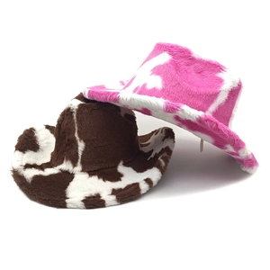 Cappelli da cowboy in peluche con stampa mucca marrone e rosa per calore invernale