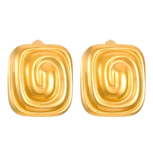 Detailed close-up of gold square stud earrings with unique 3D spiral texture patterns