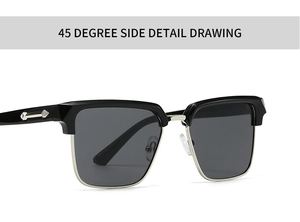 Close-up of 45-degree side view showing silver arrow hinge on black square sunglasses