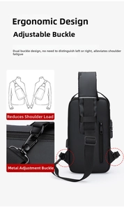 Detail of ergonomic chest bag with adjustable metal buckles and dual-hook system