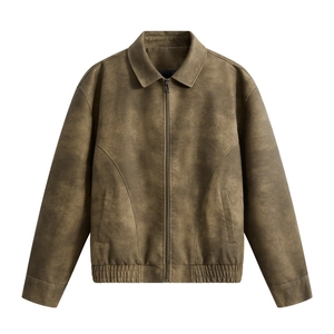 Veste Cuir PU Rétro Homme Vintage Col Revers Zip Extérieur Loose Drop Shoulder Ourlet Élastique Mode