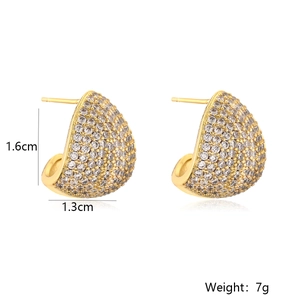Gold plated C-shaped hoop earrings with micro-pave white zircon crystals, 1.6cm height