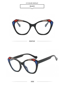Detail view of cat eye sunglasses showing front and side views with geometric color blocks