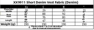 Tabella taglie dettagliata per top corto in denim con misure di spalle, busto e orlo